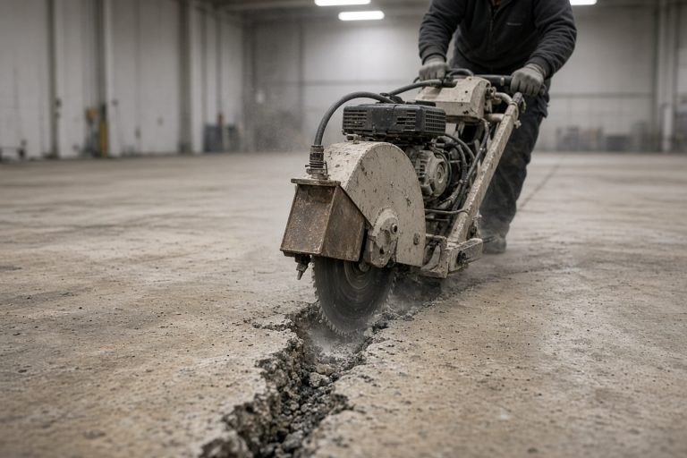 Crew saw-cutting a spalled joint in a warehouse aisle — Warehouse Concrete Floors in Dolton