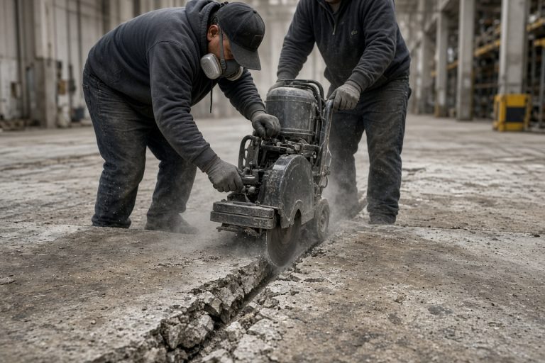 Crew saw-cutting a worn forklift lane for removal — Warehouse Concrete Floors in Hammond