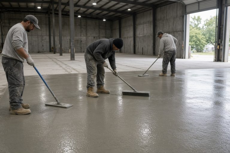 Crew finishing a wet warehouse slab with a bull float — Warehouse Concrete Floors in Lansing