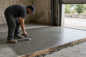 Worker finishing a fresh dock pour with a trowel — Warehouse Concrete Floors in Schererville
