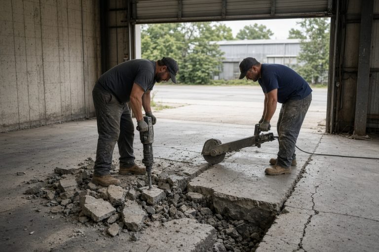 Crew breaking out damaged concrete at a dock — Warehouse Concrete Floors in Schererville