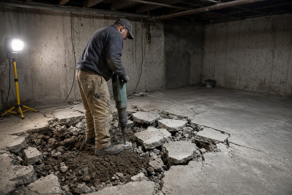 Crew breaking out a cracked old basement slab — Concrete Basements in Wheeler