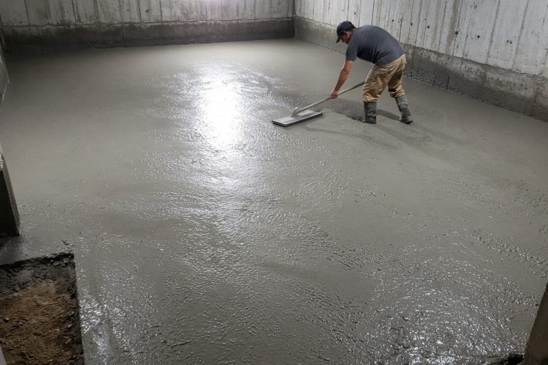 Wet basement slab being floated smooth during the pour — Concrete Basements in Wheeler