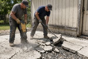 Crew breaking a cracked shed slab with a jackhammer — Concrete Demolition Companies in Wheeler