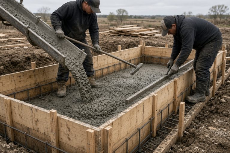 Crew pouring concrete into foundation wall forms — Concrete Foundations in Wheeler