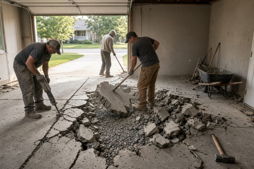 Crew breaking out an old garage slab before a new pour — Concrete Garage Floors in Wheeler