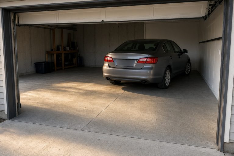 Finished garage floor with a car parked in the bay — Concrete Garage Floors in Wheeler