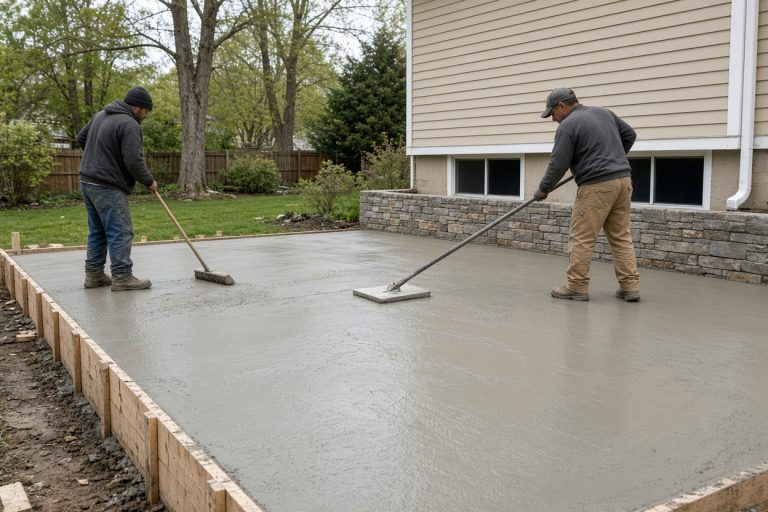 Crew smoothing a fresh patio pour beside house forms — Concrete Patios in Wheeler