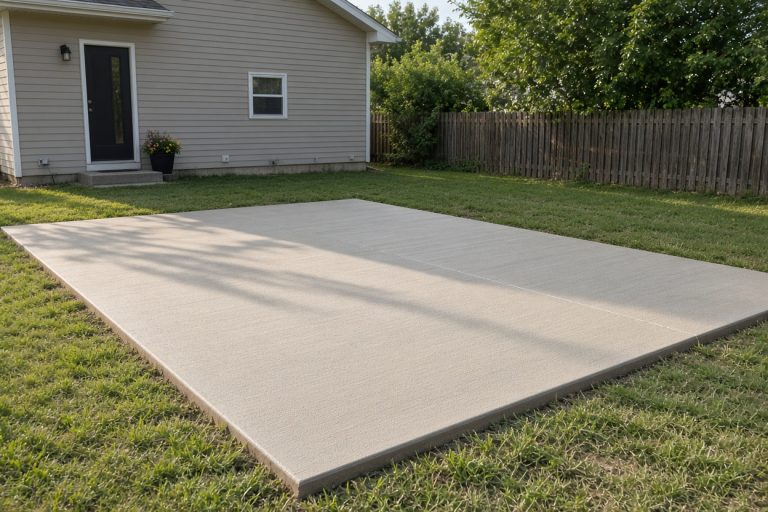 Finished broom-finish patio with chairs on a wide grassy lot — Concrete Patios in Wheeler