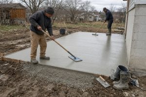 Crew floating wet concrete on a small shop pad — Concrete Slabs in Wheeler