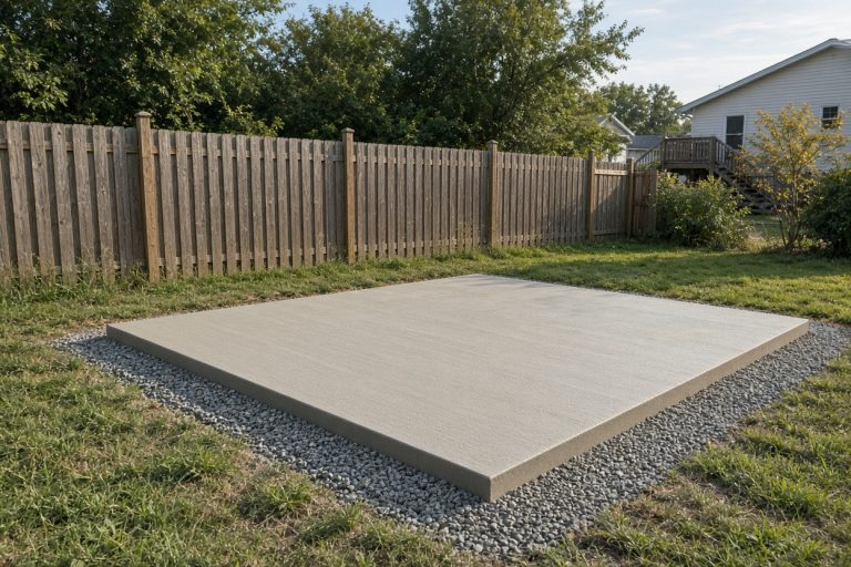 Finished shed pad with clean edges and a gravel shoulder — Concrete Slabs in Wheeler